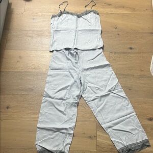 Gray Linen Pajama Set with Lace Trim